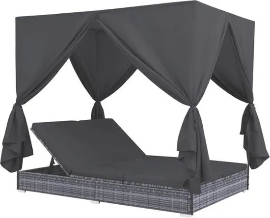 vidaXL Loungebed met gordijnen poly rattan grijs