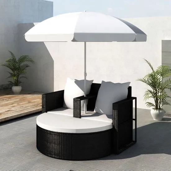 vidaXL - Loungebed set met parasol - Wicker - Zwart