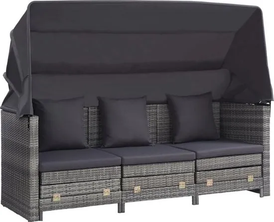 vidaXL Slaapbank met luifel 3-zits verlengbaar poly rattan grijs  VDXL_46077