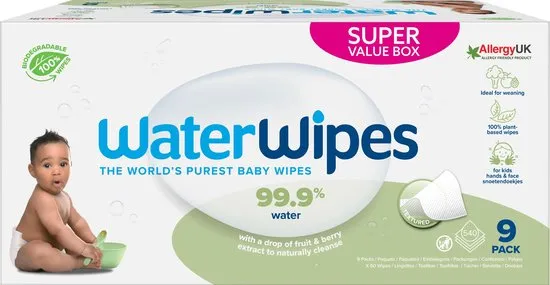 WaterWipes Snoetendoekjes - Babydoekjes - Voordeeldoos 9 x 60 - Plasticvrij - Gevoelige huid
