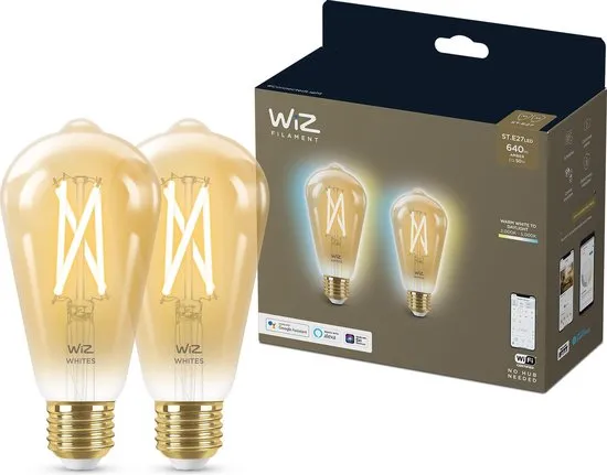 WiZ Edison Filament 2-pack Slimme LED Verlichting - Warm- tot Koelwit Licht - E27 - 50W - Goud - Wi-Fi