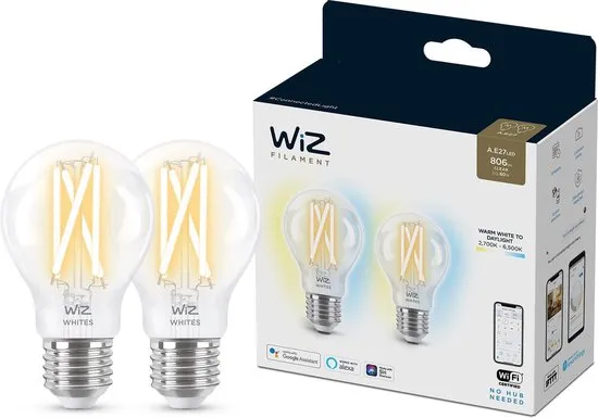 WiZ Filamentlamp 2-pack Slimme LED Verlichting - Warm- tot Koelwit Licht - E27 - 60W - Transparant - Wi-Fi