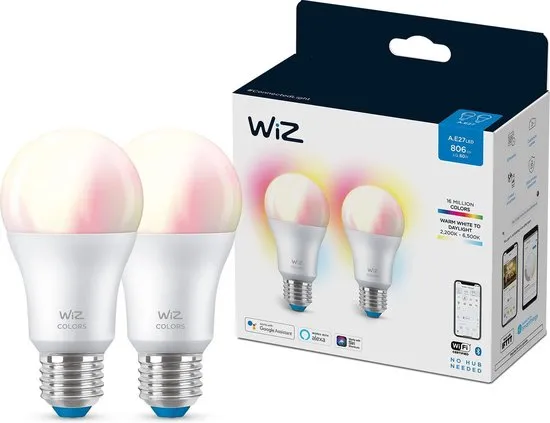 WiZ Lamp 2-pack - Slimme LED-Verlichting - Gekleurd en Wit Licht - E27 - 60 W - Mat - Wi-Fi