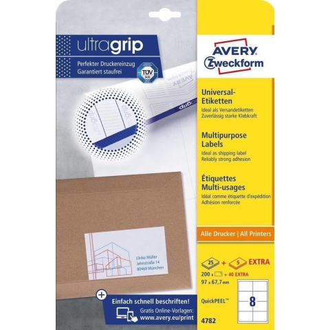Avery-Zweckform 4782 Universele etiketten 97 x 67.7 mm Papier Wit 240 stuk(s) Permanent hechtend Inkjet, Laser (zwart/wit), Laser (kleur), Kopiëren