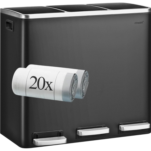 O'DADDY® Prullenbak 3 vakken - Afvalemmer – Trio Bin – 54L – Softclose – 3 Binnenemmers – Inclusief 20 Afvalzakken - Afvalbak - Pedaalemmer - Prullenmand - Vuilnisbak - Prullenbakken - Afvalscheiding Vuilbak – Elegant Zwart
