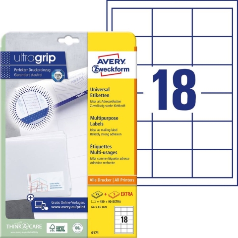 Avery-Zweckform Universele etiketten 6171 (N/A),Wit, Rechthoek, 540 stuk(s), Permanent hechtend