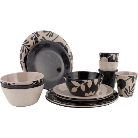 Bo-Camp - Servies - Mix&Match - 16 Stuks - Beige/Zwart