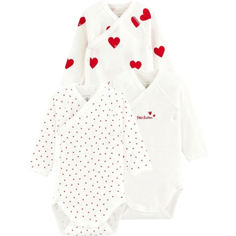 Petit Bateau Romper l/s - 3-pack - Wit m. Harten - Petit Bateau - 6 mnd - Romper L/S