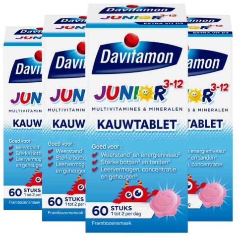 Gratis Verzending: 4x Davitamon Junior 3+ Kauwvitamines Framboos 60 kauwtabletten