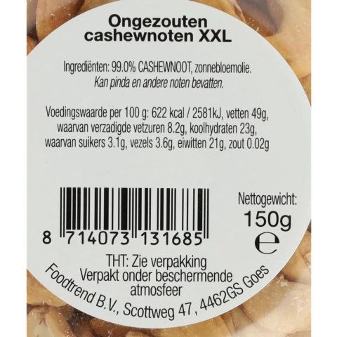 9x Verse Klassenoten Duurzame Cashews XXL Ongezouten 150 gr