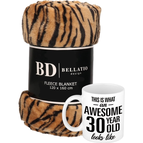 Cadeau verjaardag 30 jaar vrouw set - Fleece plaid/deken tijger print met Awesome 30 year mok -