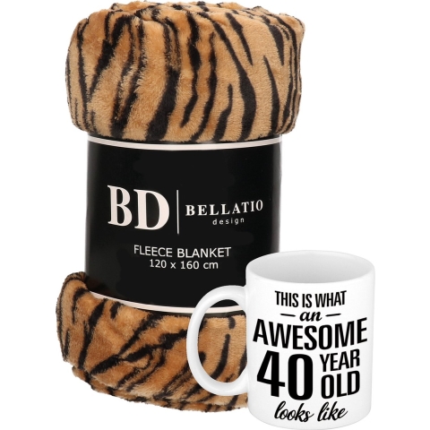 Cadeau verjaardag 40 jaar vrouw set - Fleece plaid/deken tijger print met Awesome 40 year mok -
