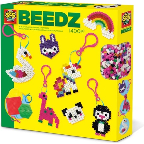 SES Beedz - Strijkkralen met legborden - grondplaten, 1400 strijkkralen en strijkvel - sleutelhangers - met hangers en lint - PVC vrij