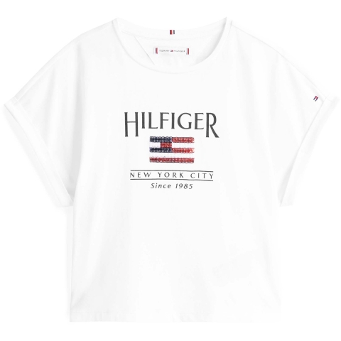 Tommy Hilfiger T-Shirt - Pailletten Vlag - Wit - Tommy Hilfiger - 14 jaar (164) - T-Shirt