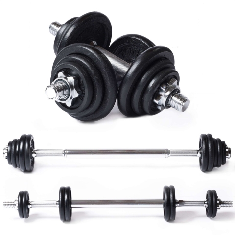 Tunturi Halter en Dumbells Gietijzer Halterset 20 kg - Halterstang met Gewichten - Barbell Set - Schroefsluiting 30 mm - Anti Slip Grip