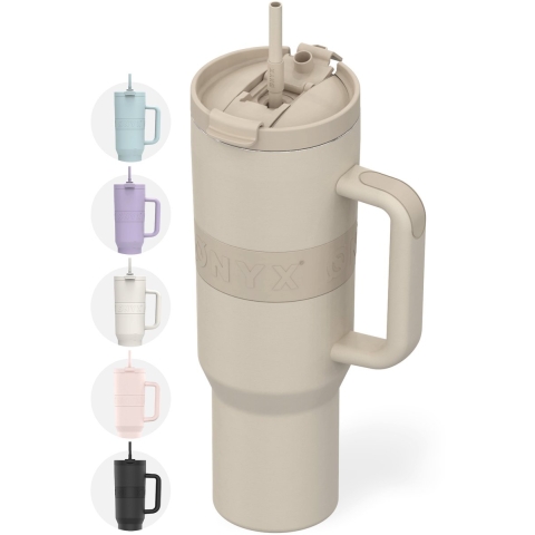 ONYX Drinkfles met Rietje 1.2 Liter - Waterfles voor Kinderen&Volwassenen - Thermosbeker RVS Travel Mug - Motiverende Drinkbus - Drinkbeker voor School - Beige
