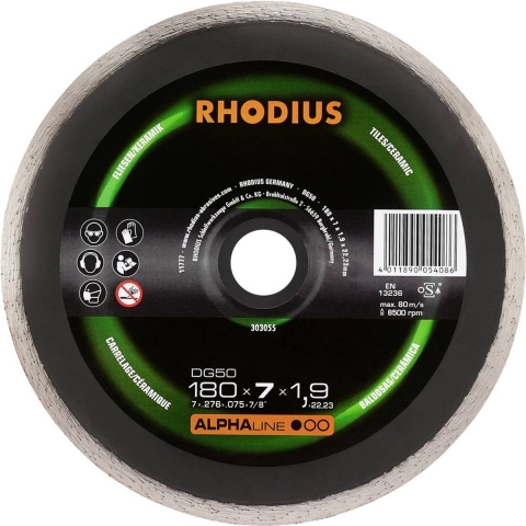 Rhodius 303055 Diamanten doorslijpschijf 180 mm 1 stuk(s) Tegels, Keramiek