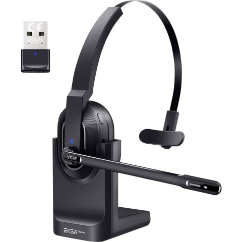 EKSA H5 On Ear headset Bluetooth Zwart Ruisonderdrukking (microfoon), Noise Cancelling Headset, Met Bluetooth basisstation, Incl. oplaad- en dockingstation,