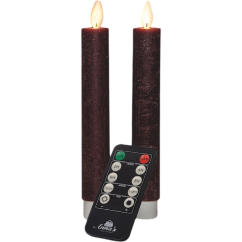 Dinerkaars wax led bewegende vlam op batterij met afstandsbediening 2 stuks h18 cm bordeaux - Annas collection