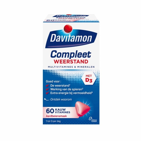 Gratis Verzending: 4x Davitamon Compleet Weerstand Kauwvitamines Aardbei 60 kauwtabletten