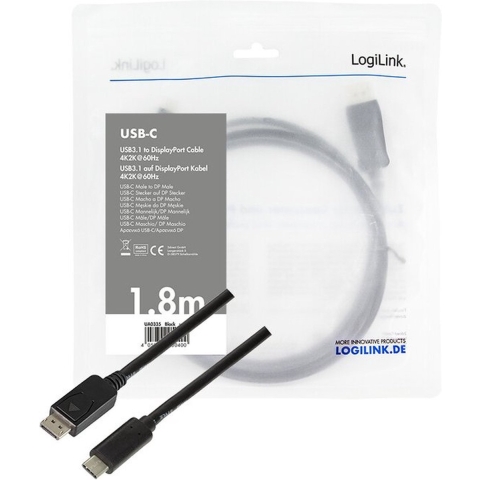 LogiLink UA0335 USB-C-displaykabel USB-C / DisplayPort Adapterkabel USB-C stekker, DisplayPort-stekker 1.80 m Zwart