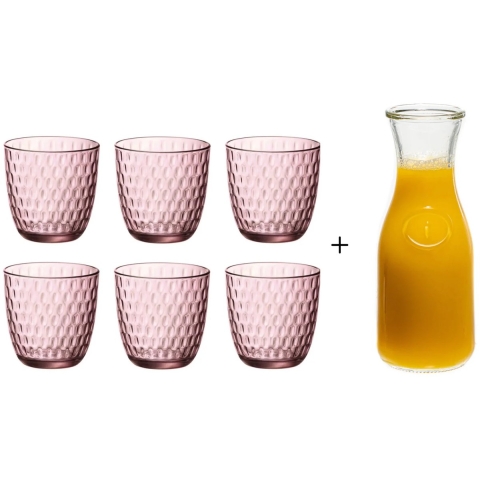 Bormioli Rocco Glazen Slot Roze 290 ml - 6 Stuks + Cookinglife Karaf 1 Liter