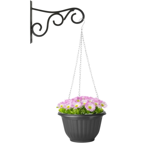 Hangpot + Muurhaak Gerona - Antraciet - kunststof - metaal - D25 cm - tuinaccessoires -