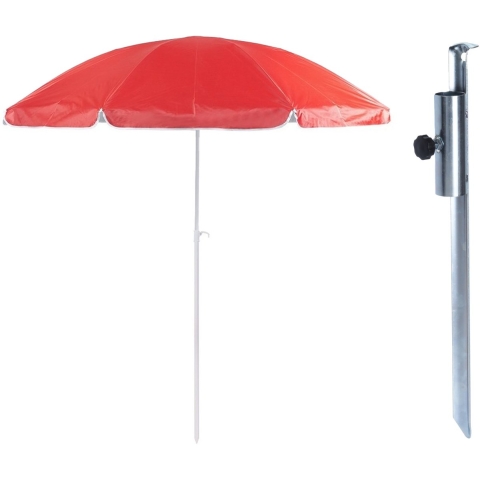 Parasol met metalen grondharing - rood - polyester - Dia 200 cm - verstelbaar -