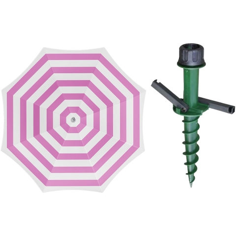 Parasol met dikke grondharing - roze/wit gestreept - polyester - Dia 180 cm - voor het strand -