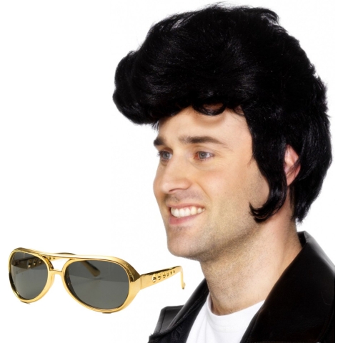 Rock and Roll ster Elvis verkleed set - herenpruik zwart met kuif - en bril goud montuur -