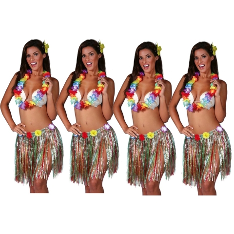 Hawaii verkleed set - 4x - voor volwassenen - multicolour - rieten rokje/bloemenkrans/haarclip bloem One size -