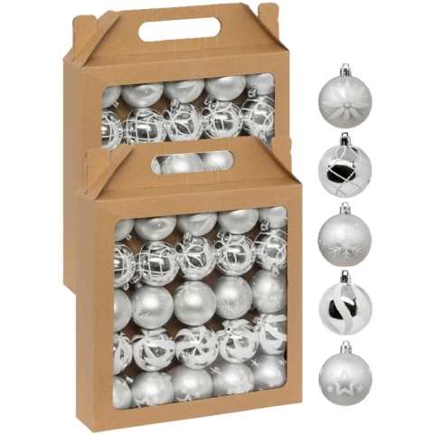 Gedecoreerde kerstballen - 50x stuks - 6 cm - zilver/wit - kunststof -