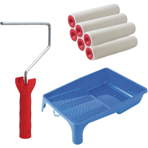 Sorex Verfrollers schilderen set - met beugel en verfbak - 6x rollers van 18 cm - anti spat rollers -