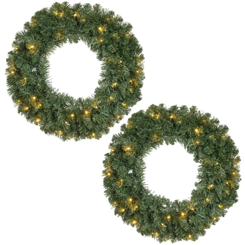 Decoris Kerstkrans - 2x - groen - warm witte verlichting - timer - 60 cm -