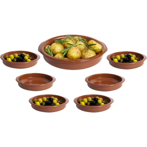 Tapas serveerschalen set - 1x D24 cm en 6x D10 cm - rond - Spaans terracotta ovenschaaltjes -