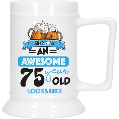 Cadeau Bierpul voor 75 jaar - blauw - grappige leeftijd bierpul - keramiek - 530 ml -