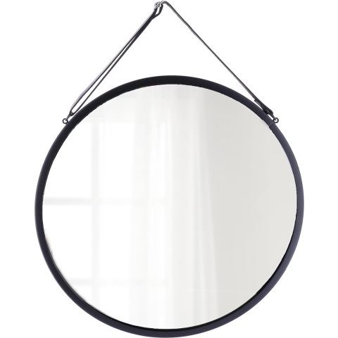 Tendance Wandspiegel - zwart - D38 cm - metaal met lederlook riem -