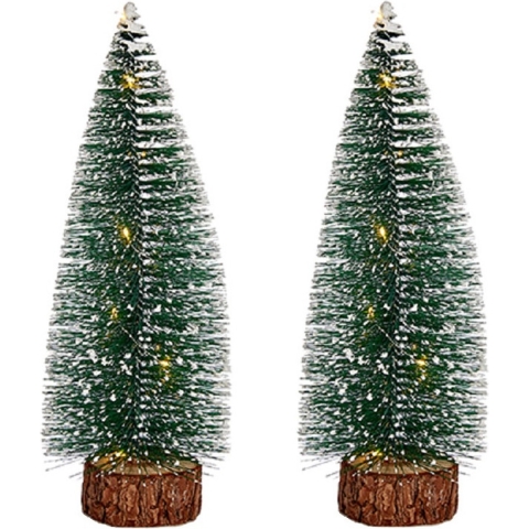 2x stuks kleine/mini decoratie kerstboompjes van 30 cm met witte LED lichtjes -