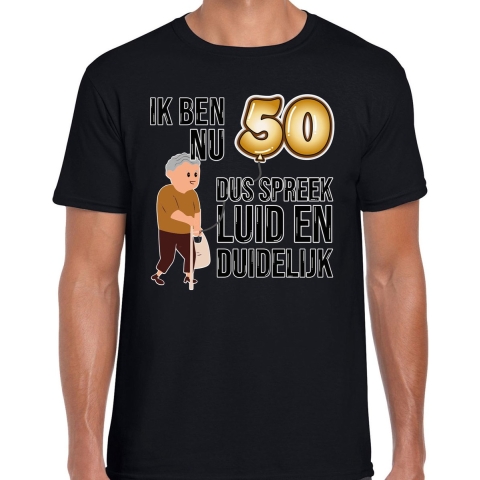 Cadeau T-shirt heren - leeftijd 50 jaar - zwart - luid en duidelijk - Abraham - feest S -