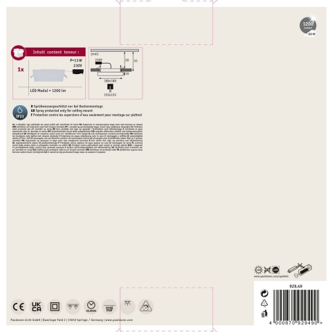 Paulmann 92949 Areo LED-inbouwpaneel LED LED vast ingebouwd 12 W Wit (mat)