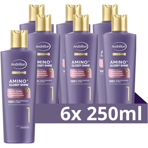 6x Andrelon Pro-Care Shampoo Amino+ Glossy Shine 250 ml