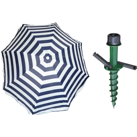 Parasol met dikke grondharing - blauw/wit mix - polyester - Dia 199 cm - voor het strand - Zomers -