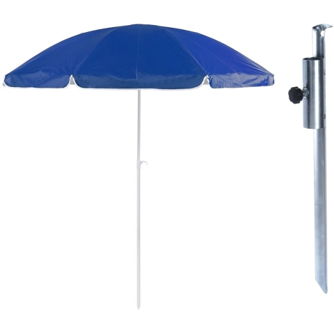 Parasol met metalen grondharing - blauw - polyester - Dia 200 cm - verstelbaar -