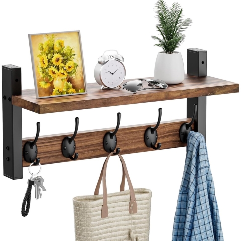 Wandkapstok met Plank en 5 Haken - Multifunctionele Houten Kapstok voor Hal, Badkamer, Slaapkamer en