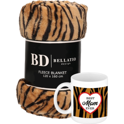 Cadeau moeder set - Fleece plaid/deken tijger print met Best mom ever tijgerprint mok -