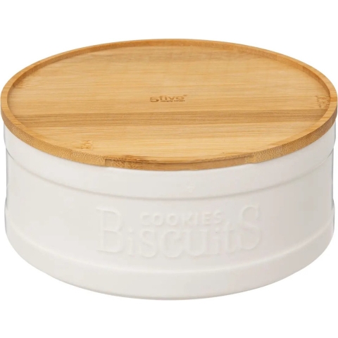 5Five koektrommel/voorraadblik Biscuits - keramiek - met bamboe deksel - wit/beige - 23 x 10 cm -