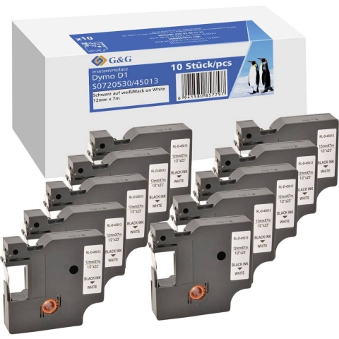 G&G D1 Labeltape Set van 10 stuks Tapekleur: Wit Tekstkleur: Zwart 12 mm 7 m