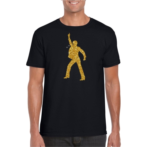 Disco verkleed t-shirt voor heren - zwart - gouden glitter - jaren 70/80 2XL -