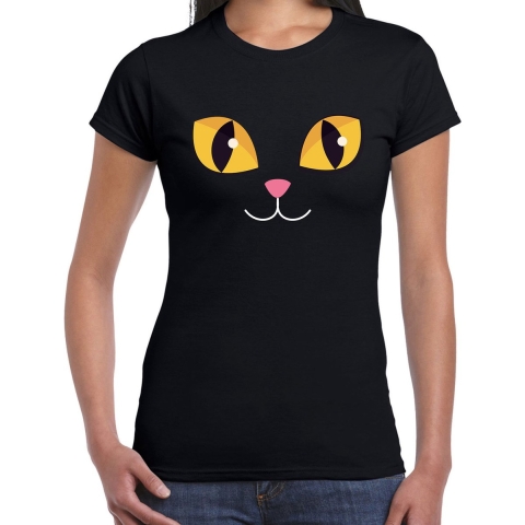 Kat gezicht fun verkleed t-shirt zwart voor dames S -