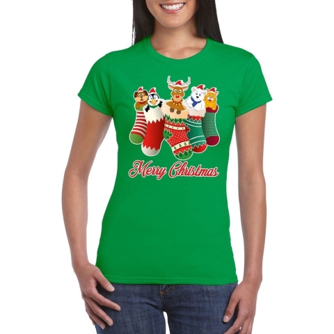 Foute Kerst t-shirt kerstsokken merry christmas groen voor dames L -